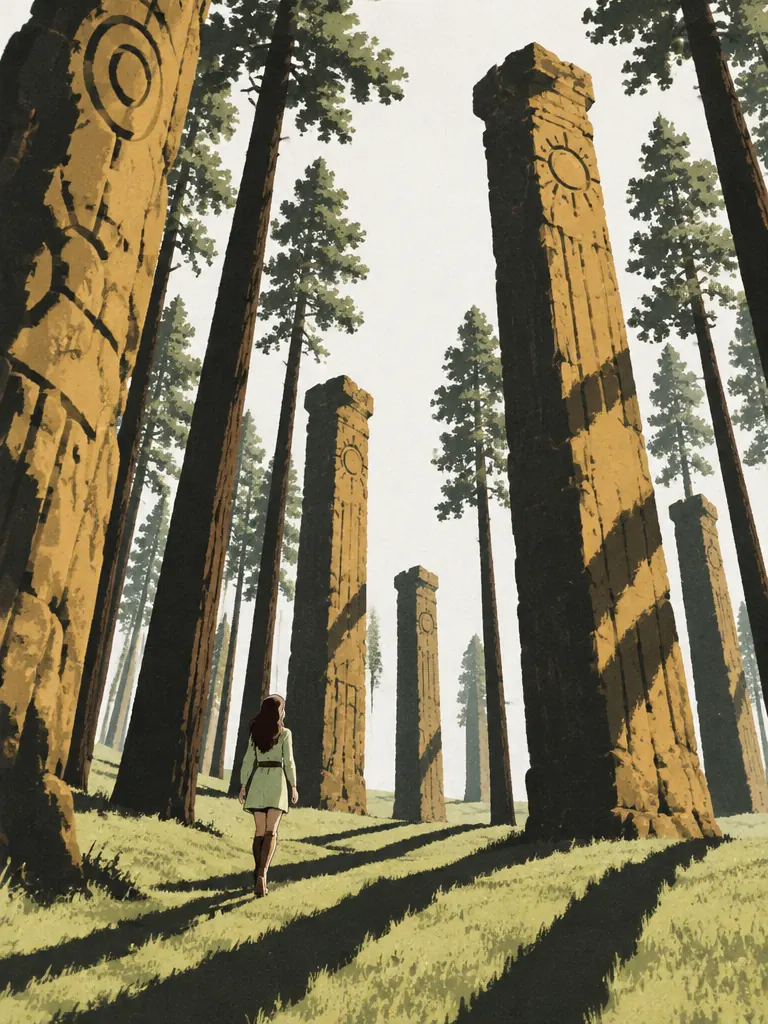 The Pillarwood: pilar batu berukir di antara batang pinus, bayangan panjang sejajar di rumput, seorang perempuan kecil berjalan di antaranya.